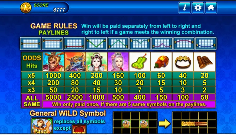 Monkey King game rules: nine paylines, Monkey King 1000 for five and 5000 All Same, demon 400, ladies 200 and 160, gourds 100 and 60, headband 40, scrolls 20, and the monkey wild