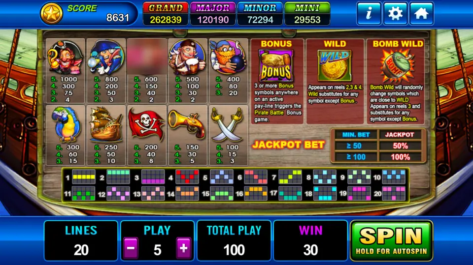 Pirate rules: captain 1000 for five, officer 800, sailor 500, gunner 400, parrot 300, galleon 250, flag 200, pistol 150, cutlasses 100, Bonus, Wild, Bomb Wild and Jackpot Bet table, 20 lines