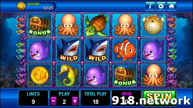 Dolphin on Play8oy with shark wilds, octopus, a clownfish and treasure chest bonus symbols, 9 lines at 2 a line