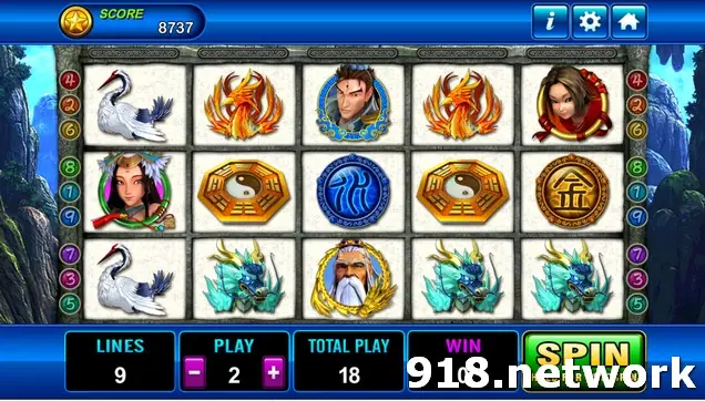 Fong Shen on Play8oy with cranes, phoenixes, bagua coins and character portraits, 9 lines, total play 18
