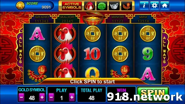 Golden Rooster on Play8oy with rooster symbols stacked on reel 2, gold coins and Grand, Major, Minor and Mini jackpots
