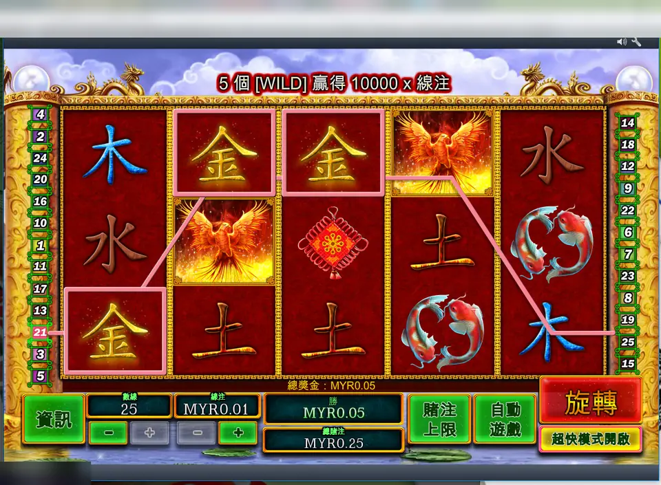 Fei Long Zai Tian line 21 win: three gold metal characters, total win MYR0.05, banner about five wilds paying 10,000 times the line bet