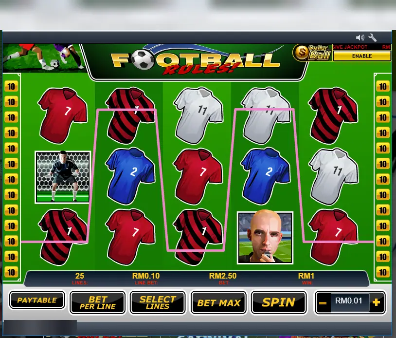 Football Rules line win of RM1 with three red and black striped number 1 shirts on a pink line