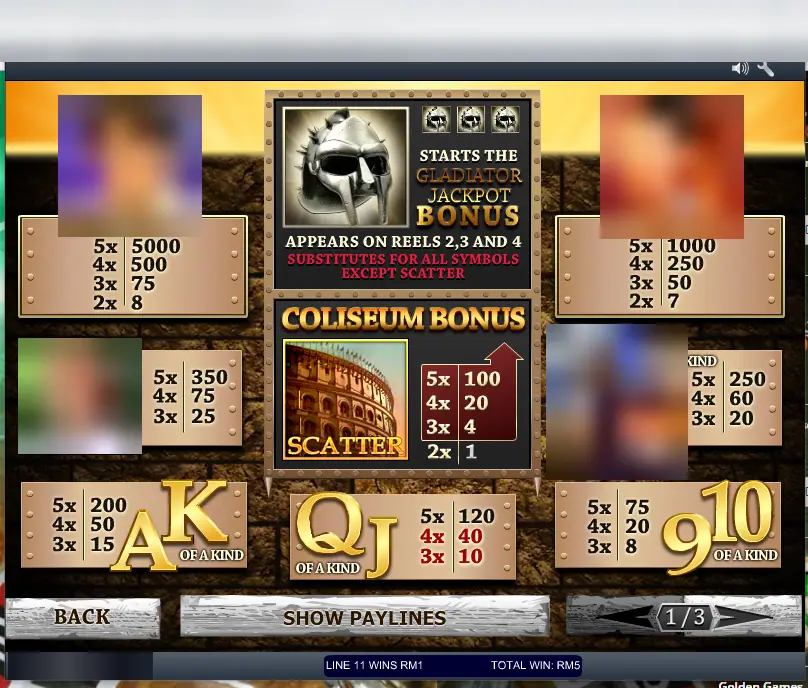 Gladiator Jackpot pay table with the character pictures blurred: helmet wild starts the jackpot bonus on reels 2, 3 and 4, Coliseum scatter bonus, card symbols 75 to 200