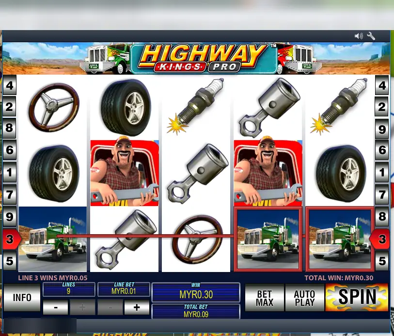 Highway Kings Pro reels with tyres, pistons, spark plugs, a steering wheel and a bearded trucker wild, two green trucks on line 3 on the right
