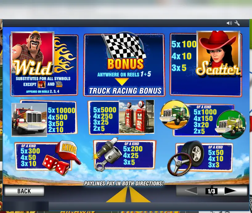 Highway Kings Pro pay table page 1: trucker wild, cowgirl scatter, flag bonus on reels 1 and 5, red truck 10,000, fuel pumps 5000, green trucks 1000