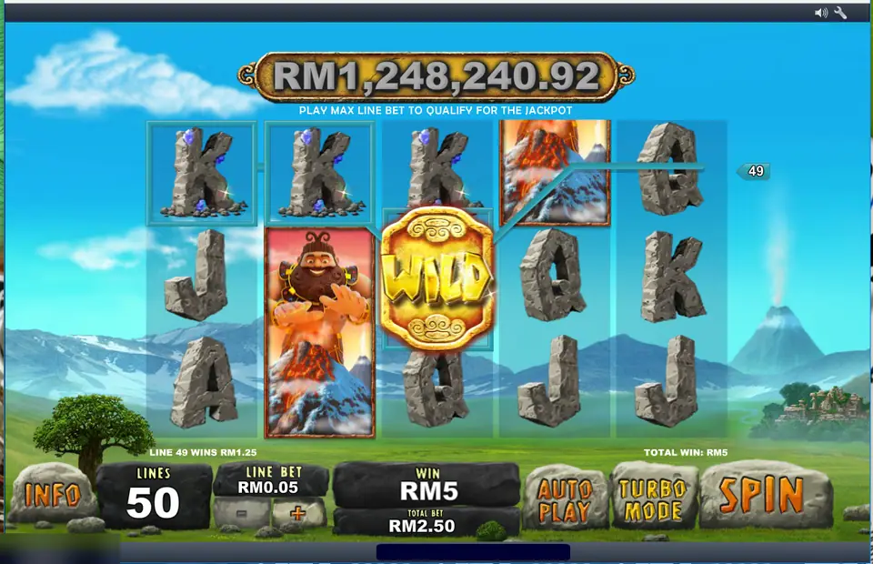 Jackpot Giant line 49 win: three stone K symbols with the gold wild on reel 3, line 49 wins RM1.25