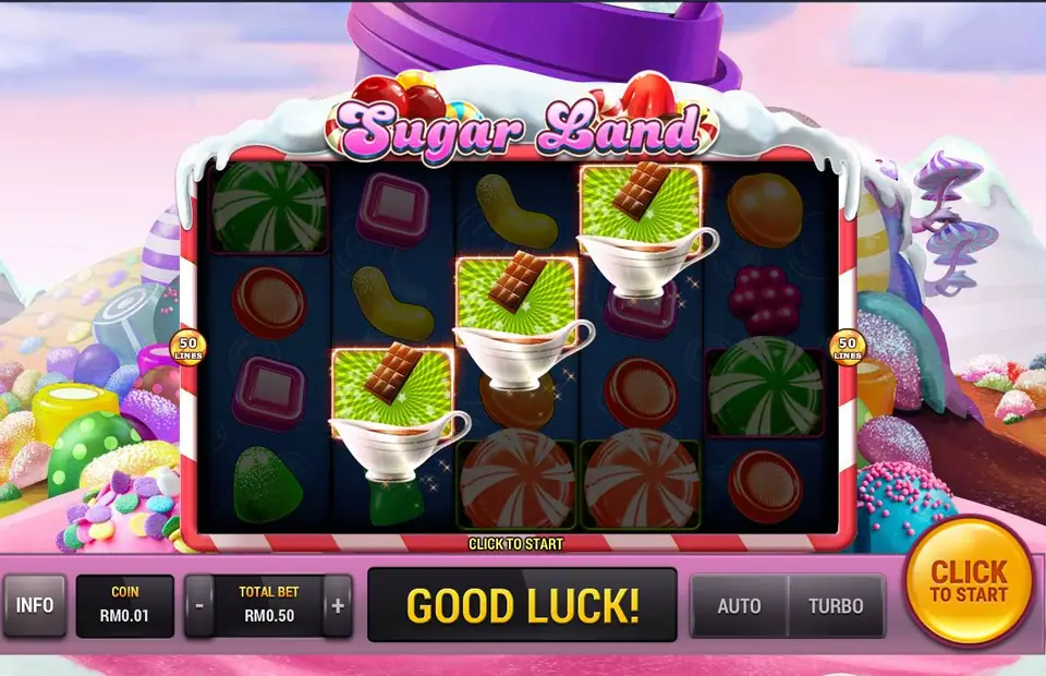 Sugar Land scatter trigger: three gravy boats of chocolate with a chocolate bar on green starbursts on reels 2, 3 and 4