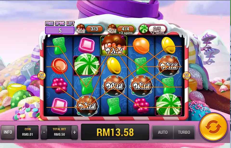 Sugar Land free spin with chocolate wilds on four reels, meters above reading 3/3, 4/4 plus 3 spins and 0/5 plus 2 spins, 5 free spins left