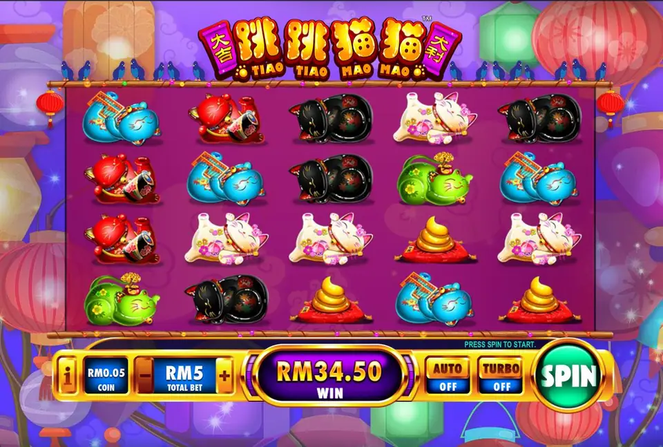 Tiao Tiao Mao Mao spin with cats and gold piles, win box RM34.50