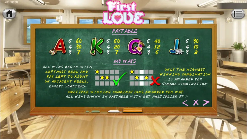 First Love chalkboard pay table with A, K, Q and J values and the 243 ways rule, set in a school classroom
