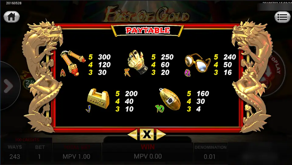 Fist of Gold prop pay table with nunchaku, glove, glasses, gold bar and punch bag values