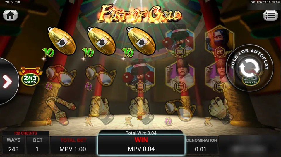 Fist of Gold win of MPV 0.04 with three golden punch bags over 10 symbols on the top row