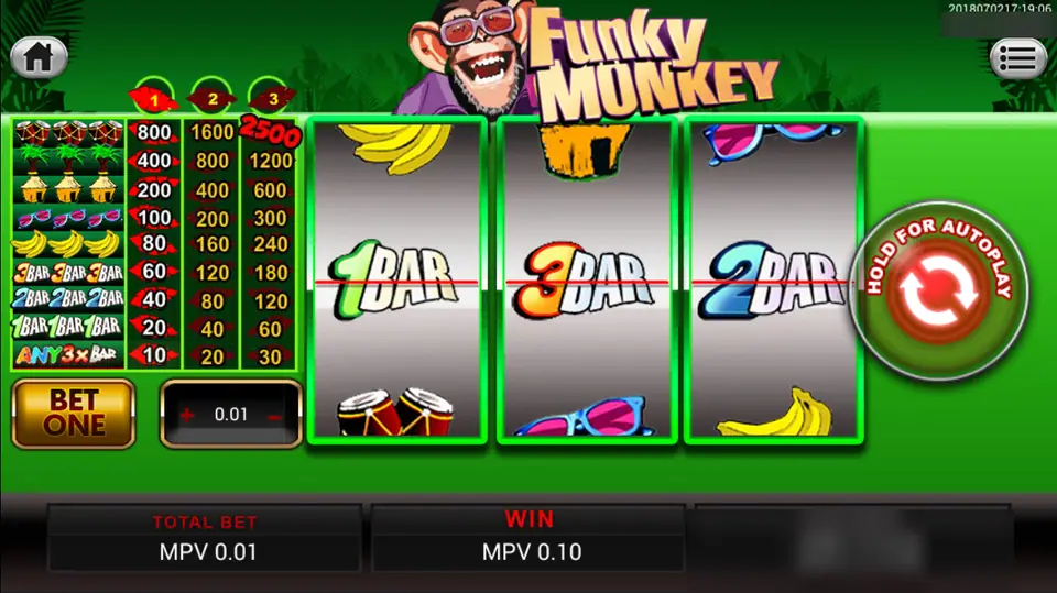 Funky Monkey mixed bar line: 1BAR, 3BAR and 2BAR on the centre line for a win of MPV 0.10