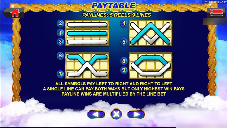 Fun Paradise payline chart: 5 reels 9 lines, all symbols pay left to right and right to left