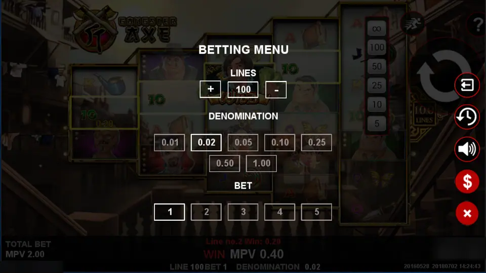 Gangster AXE betting menu over dimmed reels: 100 lines, denominations 0.01 to 1.00 and bet levels 1 to 5