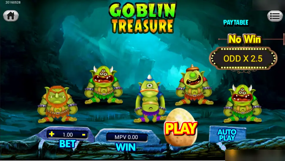 Goblin Treasure cave with five green goblins in a row, a PLAY egg, a bet of 1.00 and an ODD X 2.5 sign on the right