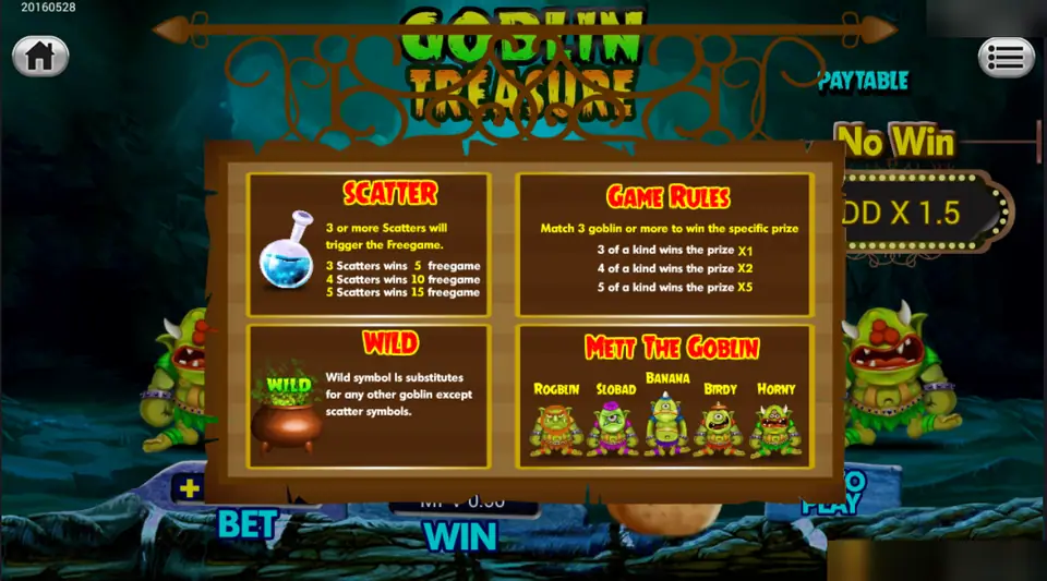 Goblin Treasure rules: potion scatter for 5, 10 or 15 free games, match 3, 4 or 5 goblins for x1, x2 or x5, cauldron wild