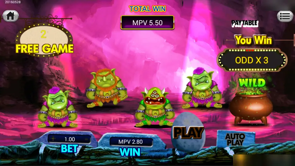 Goblin Treasure free game in a pink cave: two matching goblins plus the cauldron wild, ODD X 3 and a total win of MPV 5.50