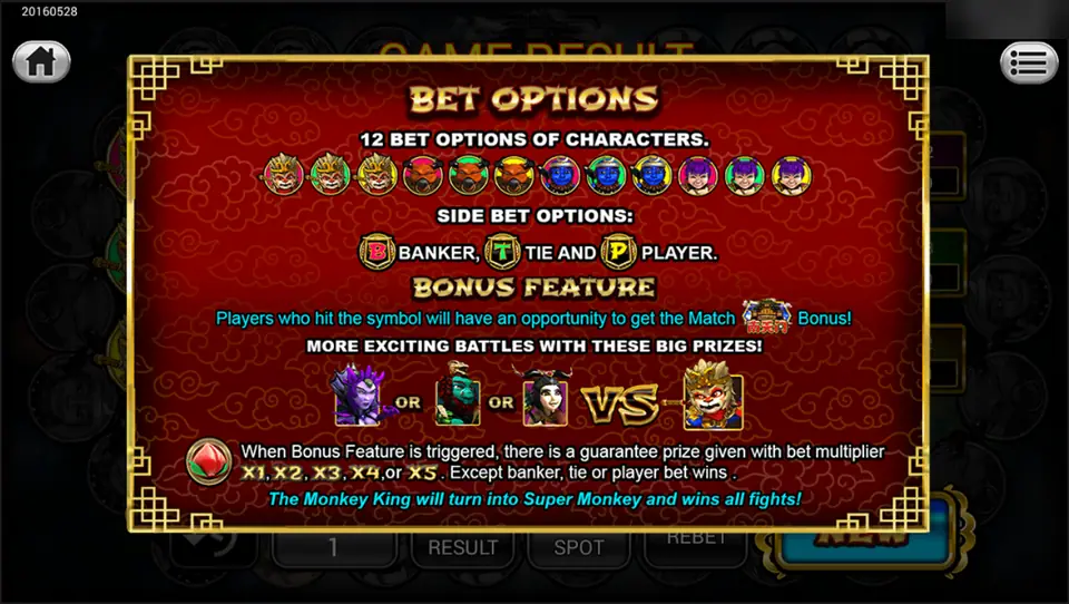 Golden Journey bet options page: 12 character bets, Banker, Tie and Player side bets and the bonus battle