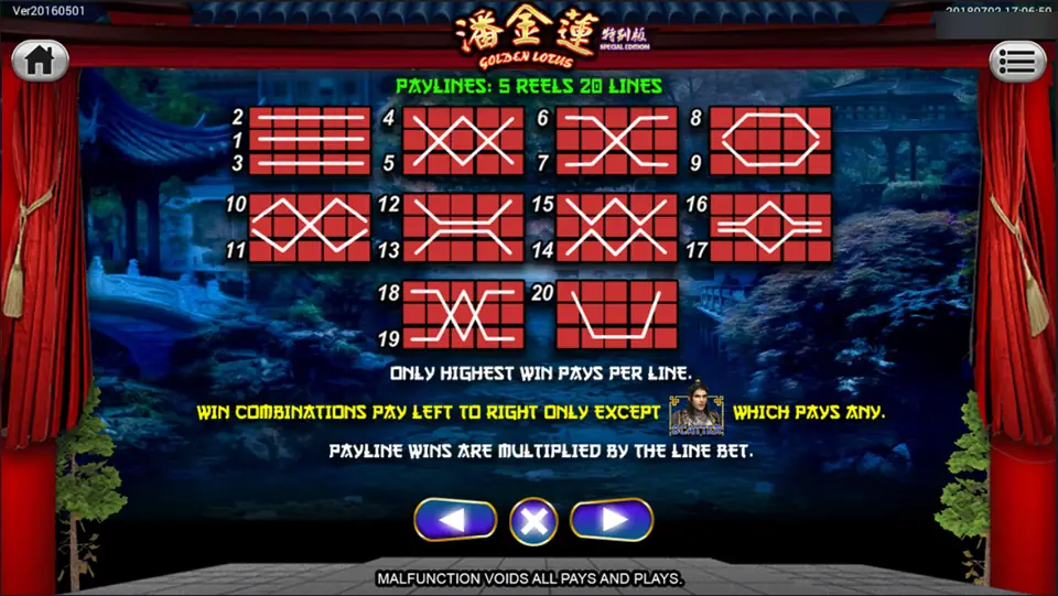 Golden Lotus payline chart: 5 reels, 20 lines, wins pay left to right except the scatter