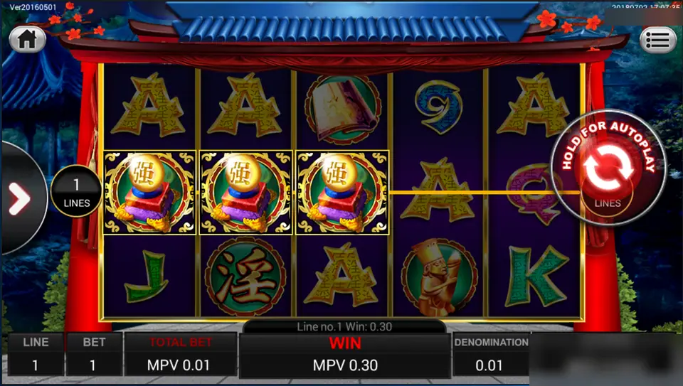 Golden Lotus line 1 win of MPV 0.30: three lanterns on red stands across the middle row on a one-line bet