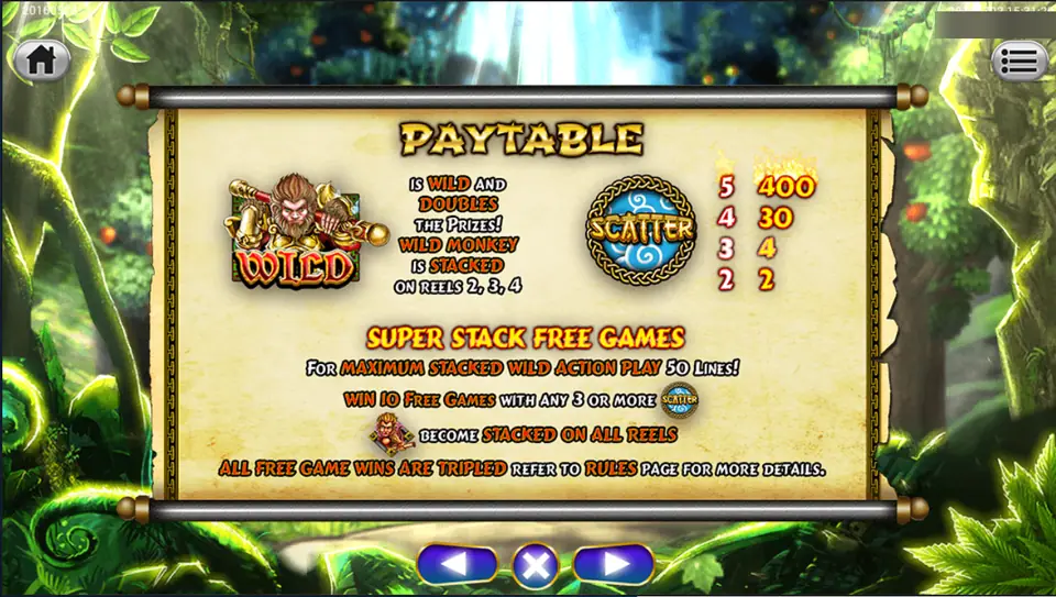 Golden Monkey pay table: stacked Monkey wild on reels 2 to 4 doubles prizes, blue scatter logo pays 400 for five, 10 Super Stack free games