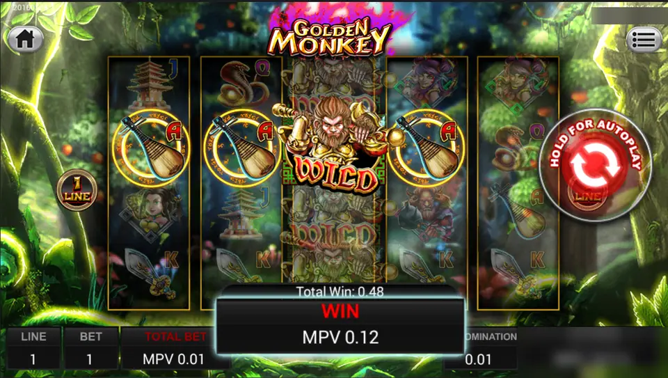 Golden Monkey wild reel in the middle helping four pipas pay on line 1, total win MPV 0.48