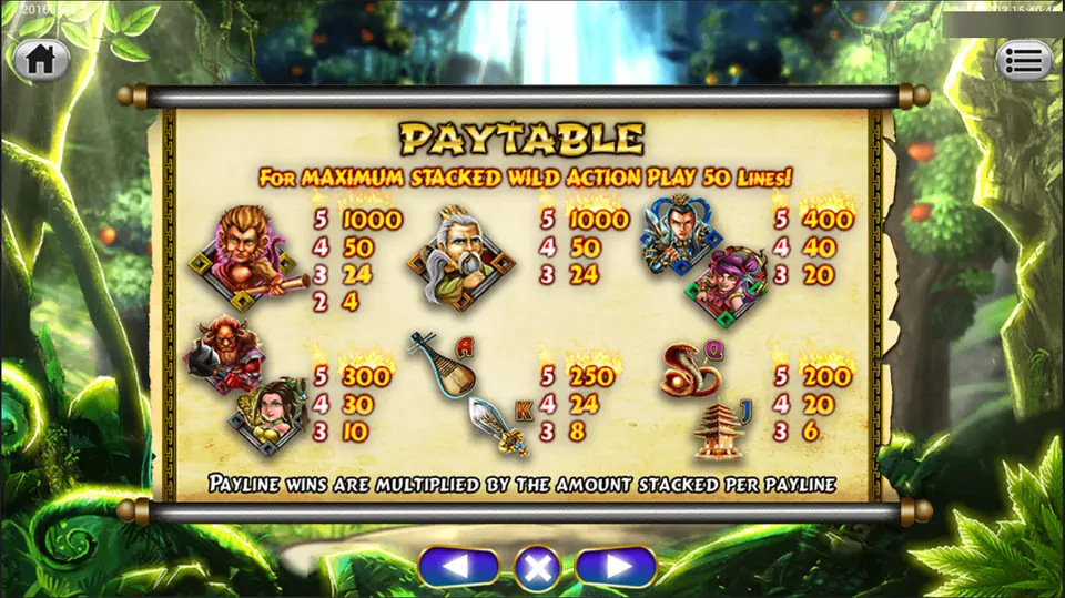 Golden Monkey pay table: monkey and sage 1000 for five, general and lady 400, bull demon and lady 300, pipa and sword 250, cobra and pagoda 200
