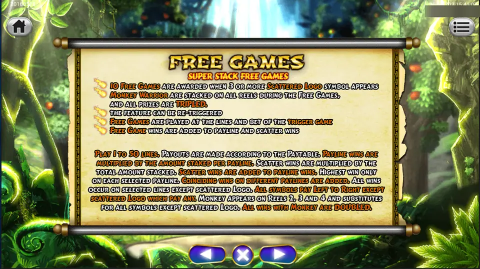 Golden Monkey free game rules: 10 free games for 3 or more scatter logos, monkey warrior stacked on all reels, prizes tripled