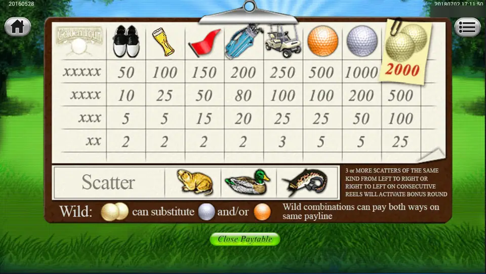 Golden Tour scorecard pay table with shoes, beer, flag, bag, cart and golf balls, three golden balls at 2000, plus gopher, duck and fish scatters