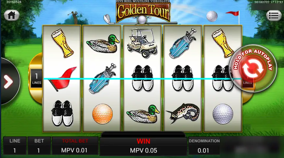 Golden Tour one-line spin with golf shoes across the middle row and a win of MPV 0.05