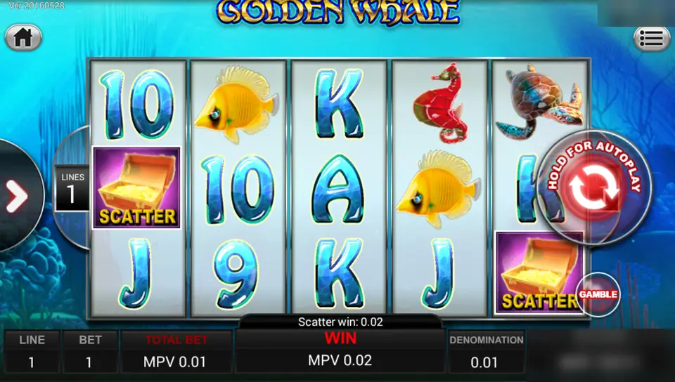 Golden Whale scatter win of MPV 0.02 with two treasure chests on a one-line bet and the GAMBLE button