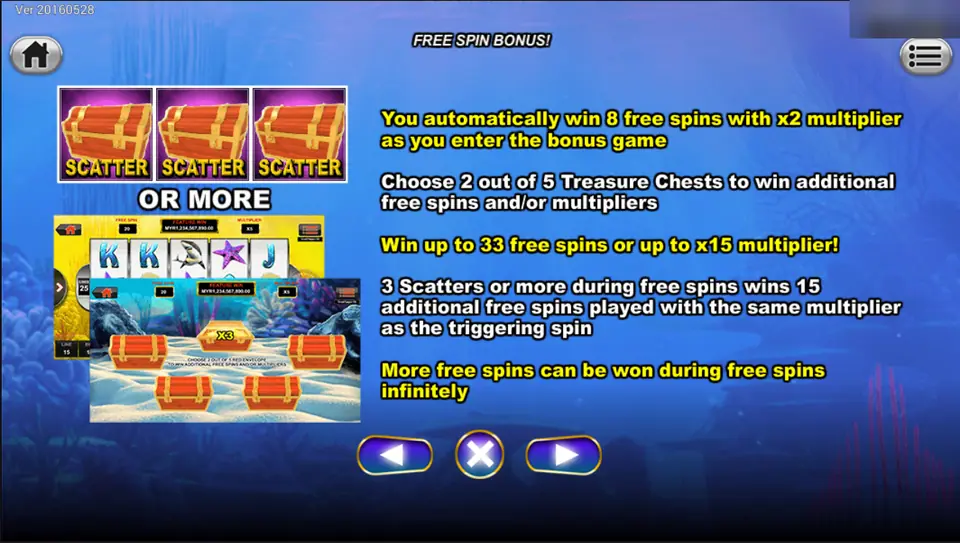 Golden Whale free spin rules: 8 free spins at x2, choose 2 of 5 treasure chests, up to 33 spins or x15