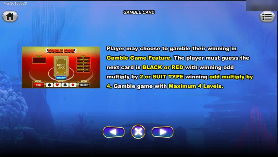 Golden Whale gamble rules: guess black or red for x2 or the suit for x4, maximum four levels