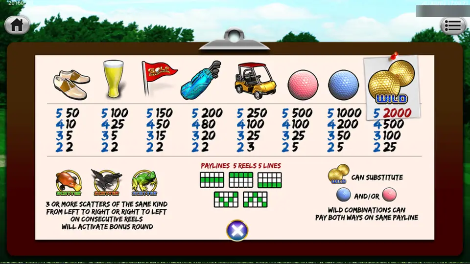Golf Champions pay table: shoes 50 up to blue ball 1000, golden ball wild 2000, platypus, crow and frog scatters, 5 lines