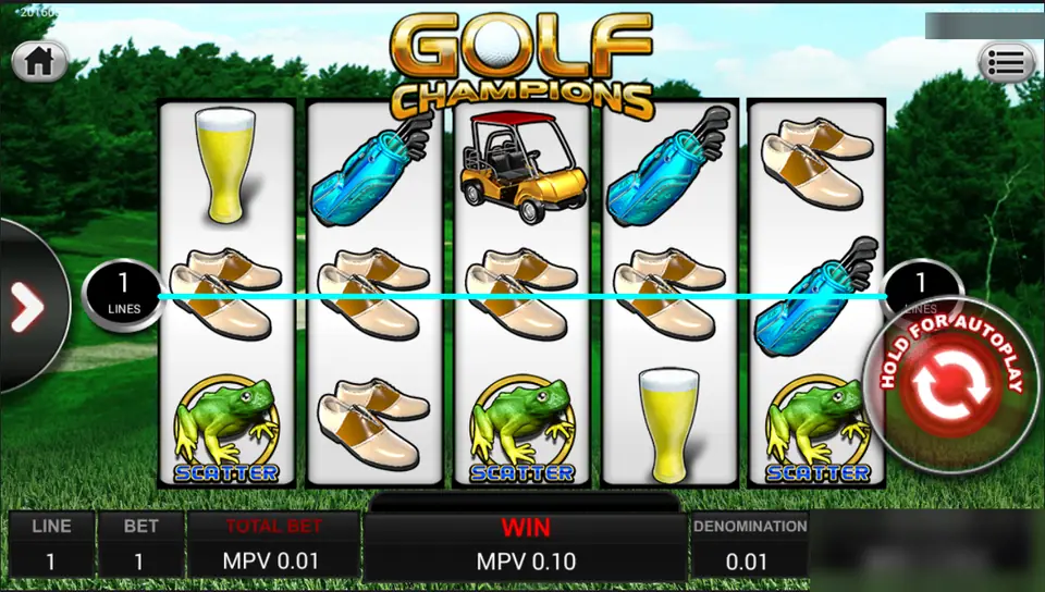 Golf Champions line 1 win: four golf shoes across the middle row, three frog scatters on reels 1, 3 and 5, win MPV 0.10