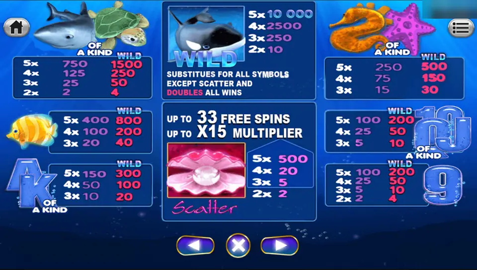 Great Blue pay table: orca wild 10,000 for five, pearl shell scatter up to 500, sea creatures with wild values in red