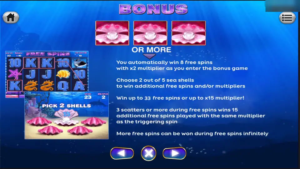 Great Blue bonus rules: 8 free spins at x2, choose 2 of 5 sea shells, up to 33 free spins or x15