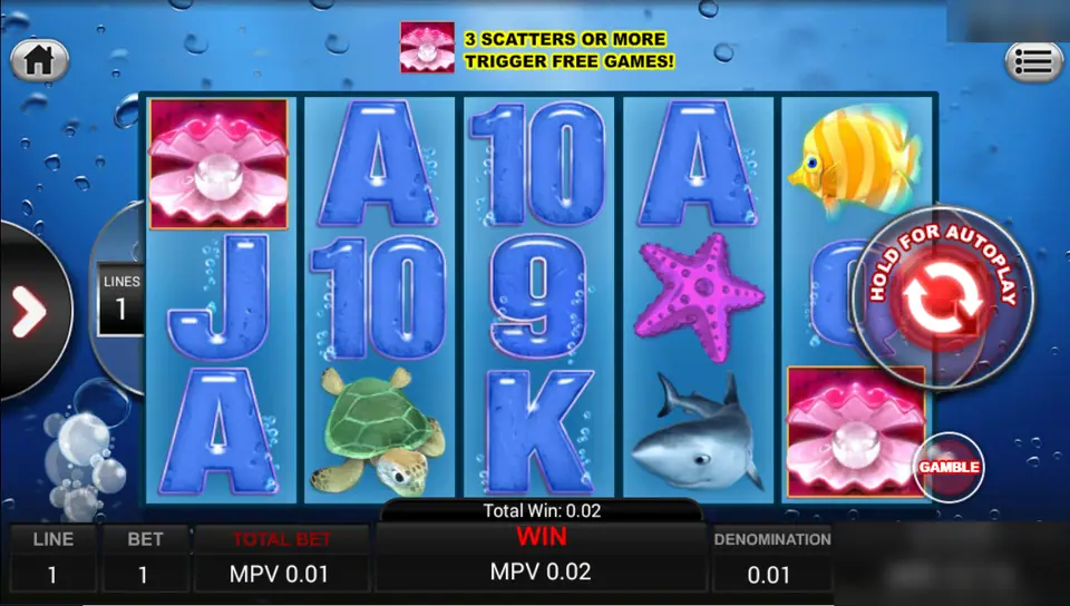 Great Blue one-line spin with a shell scatter, turtle and orca on the reels and a total win of MPV 0.02