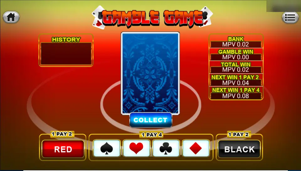 Great Blue gamble game with a face-down card, red and black buttons paying 2 and four suit buttons paying 4