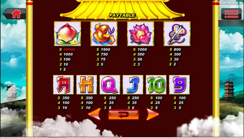 Great Stars pay table: peach 10,000 for five and 2 for one, koi 1500, lotus 1000, fan 800, card symbols 100 to 350