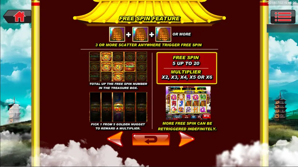 Great Stars free spin feature: 3 or more pagodas, 5 to 20 free spins, pick 1 of 5 gold nuggets for x2 to x6