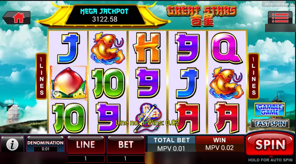 Great Stars one-line spin: a single peach on reel one pays MPV 0.02, Mega Jackpot meter above