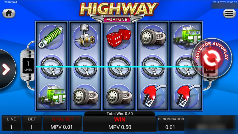 Highway Fortune line 1 win: five steering wheels across the middle row for MPV 0.50 on a one-line bet
