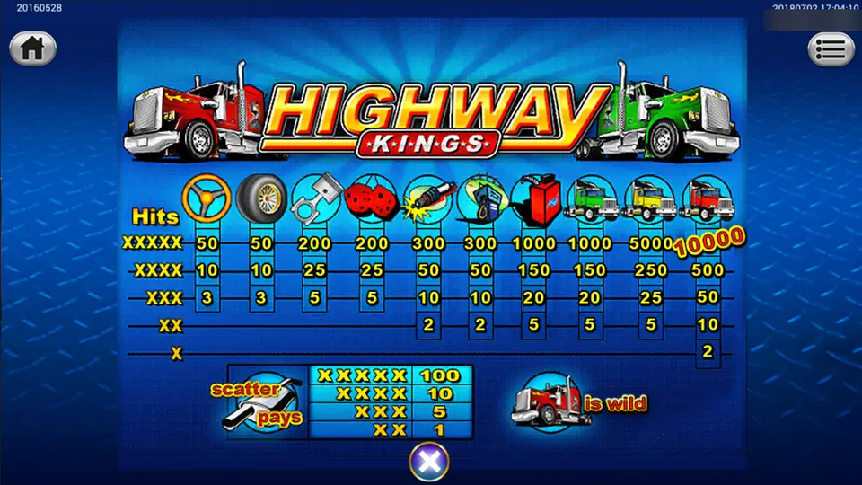 Highway Kings pay table: red truck 10,000, yellow truck 5000, green truck and jerry can 1000, spark plug and fuel pump 300, exhaust pipe scatter up to 100