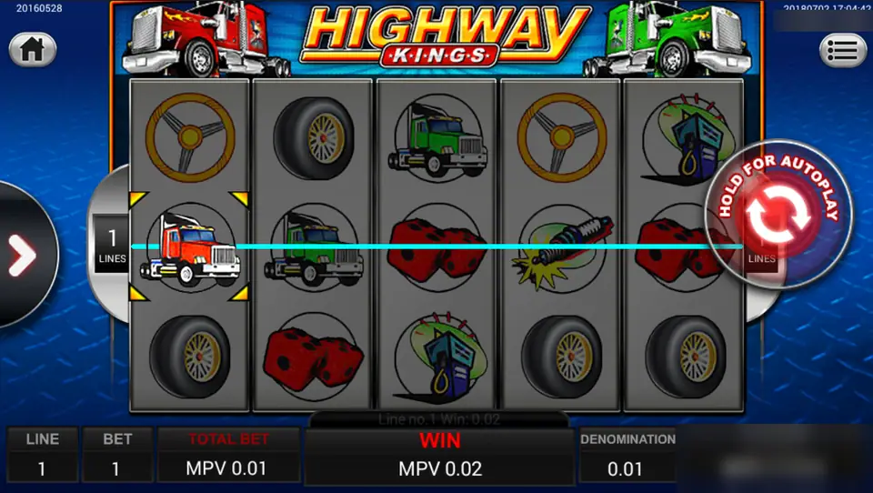 Highway Kings one-line spin: a single red truck on reel one pays MPV 0.02
