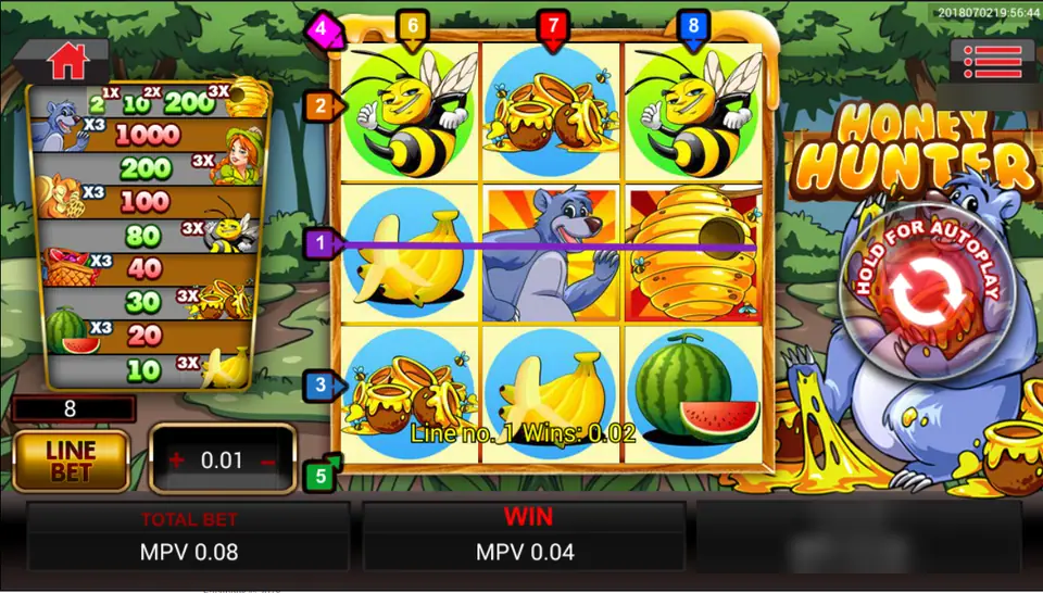 Honey Hunter line 1 across the middle row with bananas, the bear and a beehive, Line no. 1 Wins 0.02