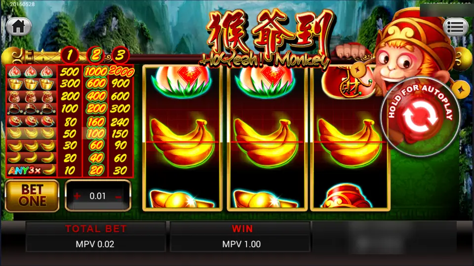 HoYeah Monkey two-coin spin with three banana bunches on the centre line, win MPV 1.00