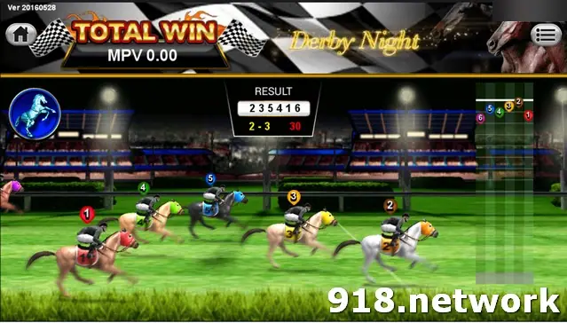 Derby Night on Sky777 with six numbered horses on a floodlit track and a result board showing 2-3